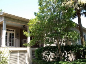 One side of the house, partial view of the deck to the front door.